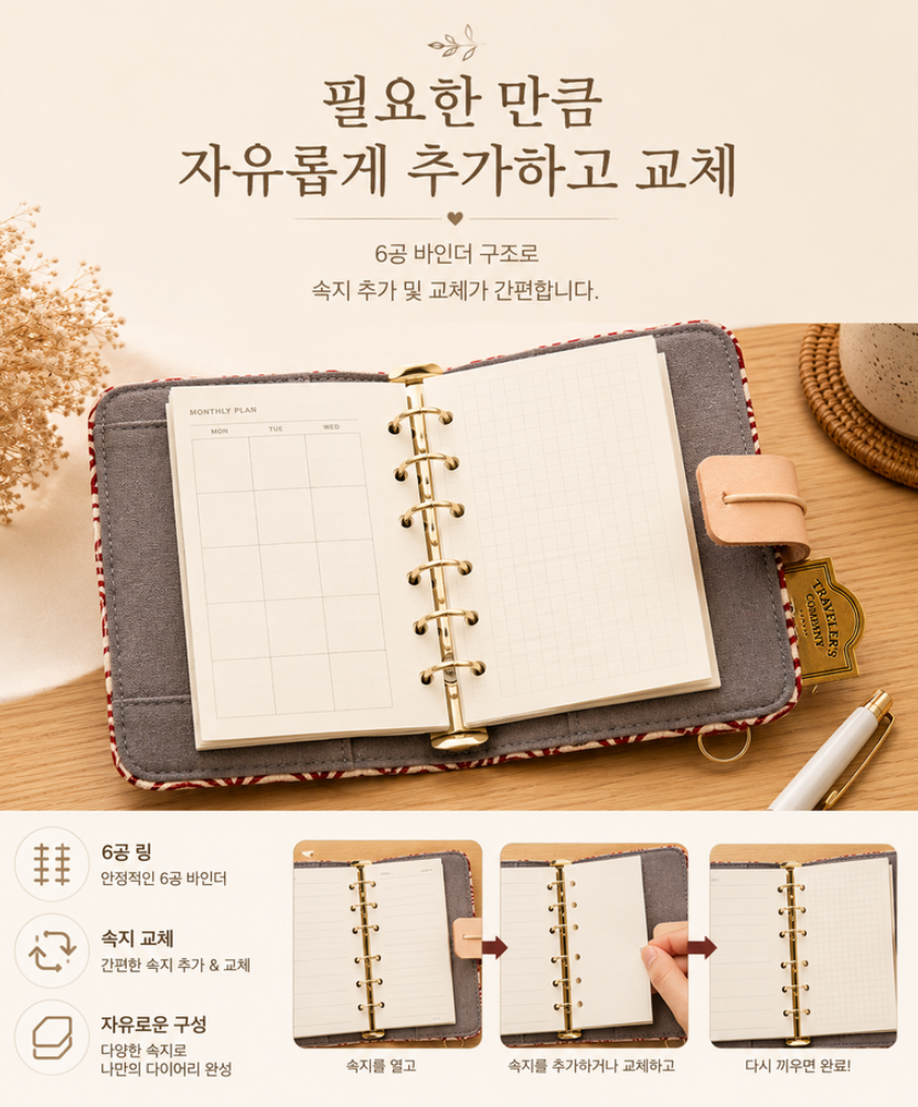 A7 Sentimental Fabric 6-Ring Mini Diary / Notebook