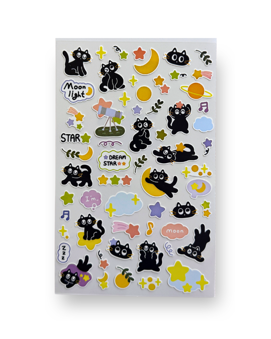 Cute Black Cat Starry Night Sticker Sheet | Kawaii Korean Stationery | Celestial Planner Deco