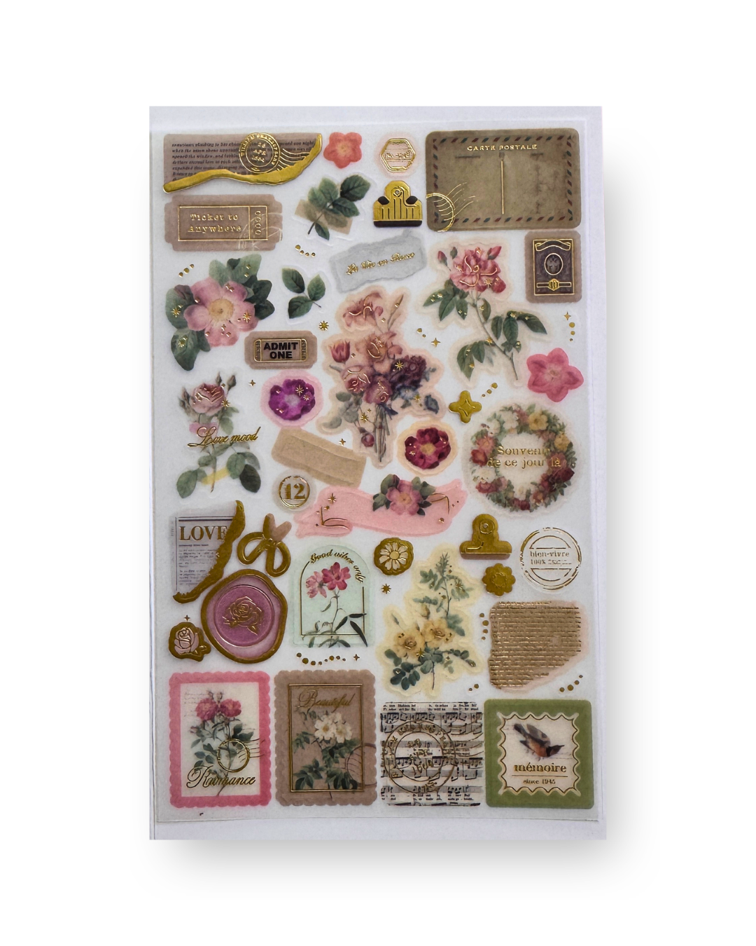 Vintage Botanical Gold Foil Ephemera Sticker Sheet | Junk Journal Deco | Scrapbooking