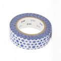 A roll of washi tape with a blue and white floral pattern, wound on a cardboard core with the brand 'mt' visible on the inner label, set against a plain white background.