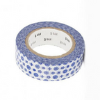 A roll of washi tape with a blue and white floral pattern, wound on a cardboard core with the brand 'mt' visible on the inner label, set against a plain white background.