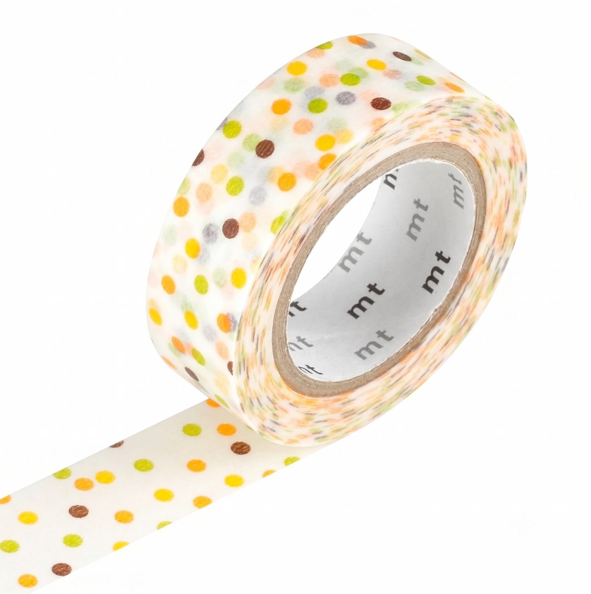 A roll of washi tape with a white background and multicolor polka dots in yellow, orange, green, and brown, with a matching strip unrolled. The brand 'mt' is visible on the inner cardboard core.