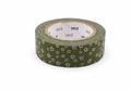 A roll of dark olive green washi tape with a repeating white floral pattern, shown on a clean white background.