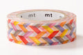 A roll of washi tape with a colorful chevron pattern in red, orange, yellow, purple, pink, and brown, displayed on a clean white background.
