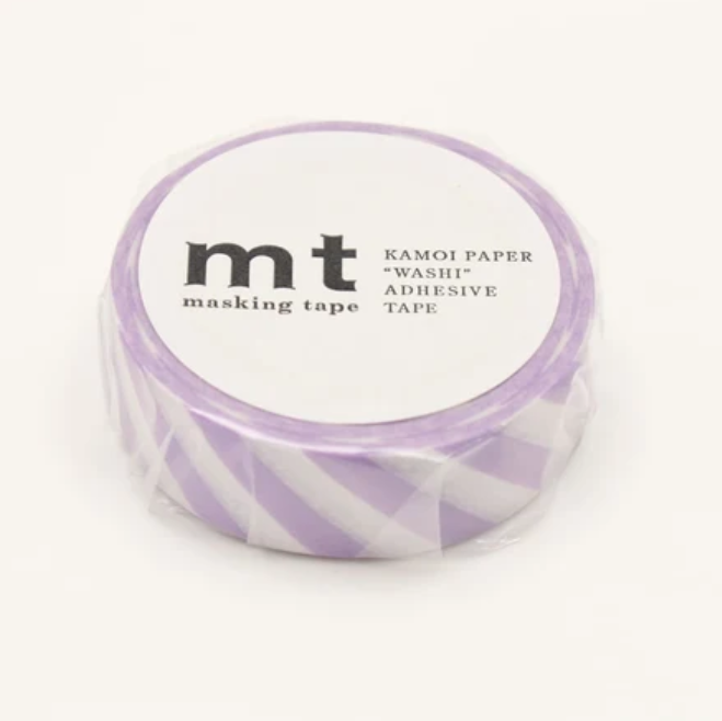 A roll of MT Masking Tape with a lavender and white diagonal stripe pattern, wrapped in clear plastic and featuring a white label with black text.