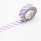 A roll of washi tape with alternating light purple and white diagonal stripes, shown partially unrolled on a clean white background. The brand name 'mt' is visible on the inner cardboard core.