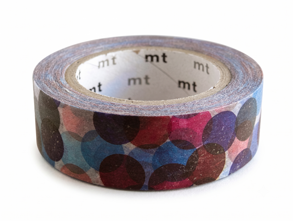 A roll of washi tape with a pattern of overlapping circles in shades of blue, purple, red, and brown, on a white background.
