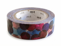 A roll of washi tape with a pattern of overlapping circles in shades of blue, purple, red, and brown, on a white background.