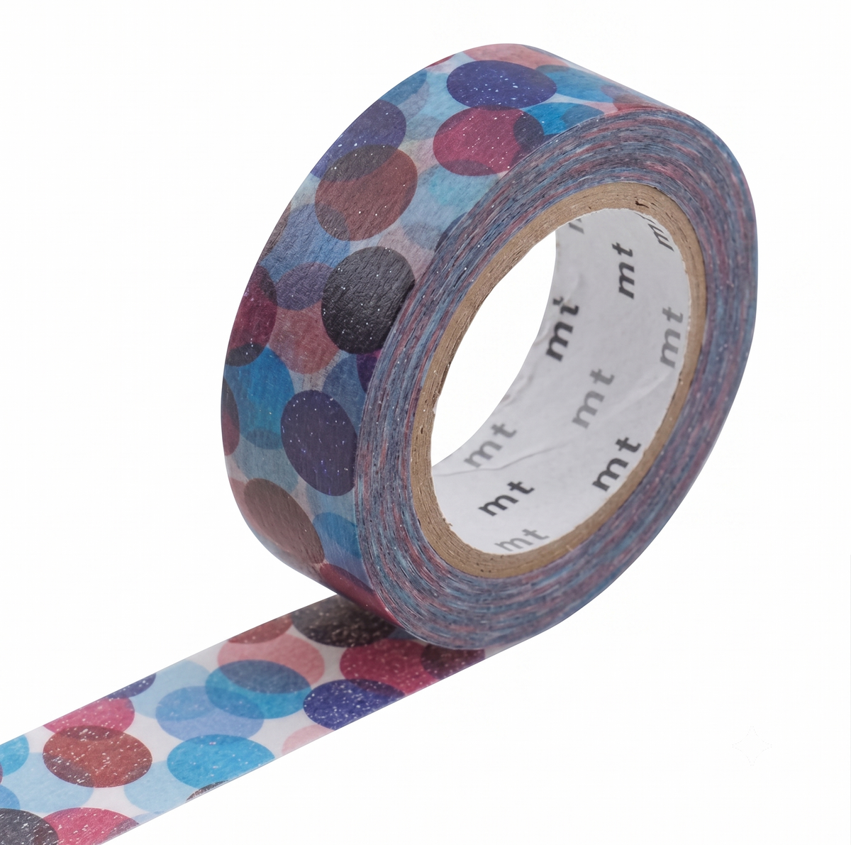 A roll of washi tape with a pattern of large glittery polka dots in blue, pink, purple, and brown on a white background, with a strip unrolled to show the pattern. The inner core has the brand name 'mt' printed on it.