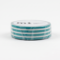 A roll of mint green and white striped washi tape wrapped in clear plastic, with a white label showing the brand 'mt'.