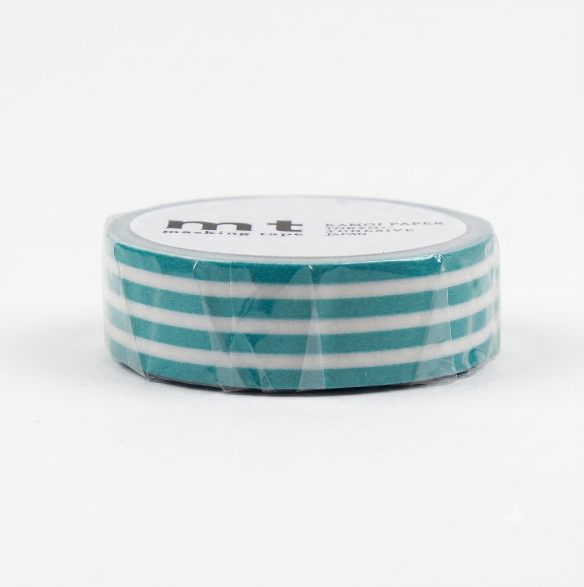 A roll of mint green and white striped washi tape wrapped in clear plastic, with a white label showing the brand 'mt'.