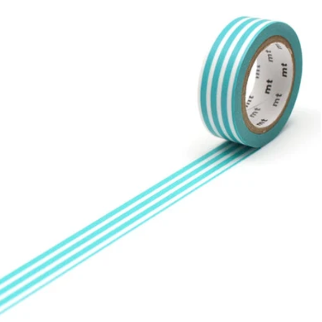 A roll of washi tape with alternating turquoise and white stripes, shown with the tape unrolled diagonally on a clean white background.