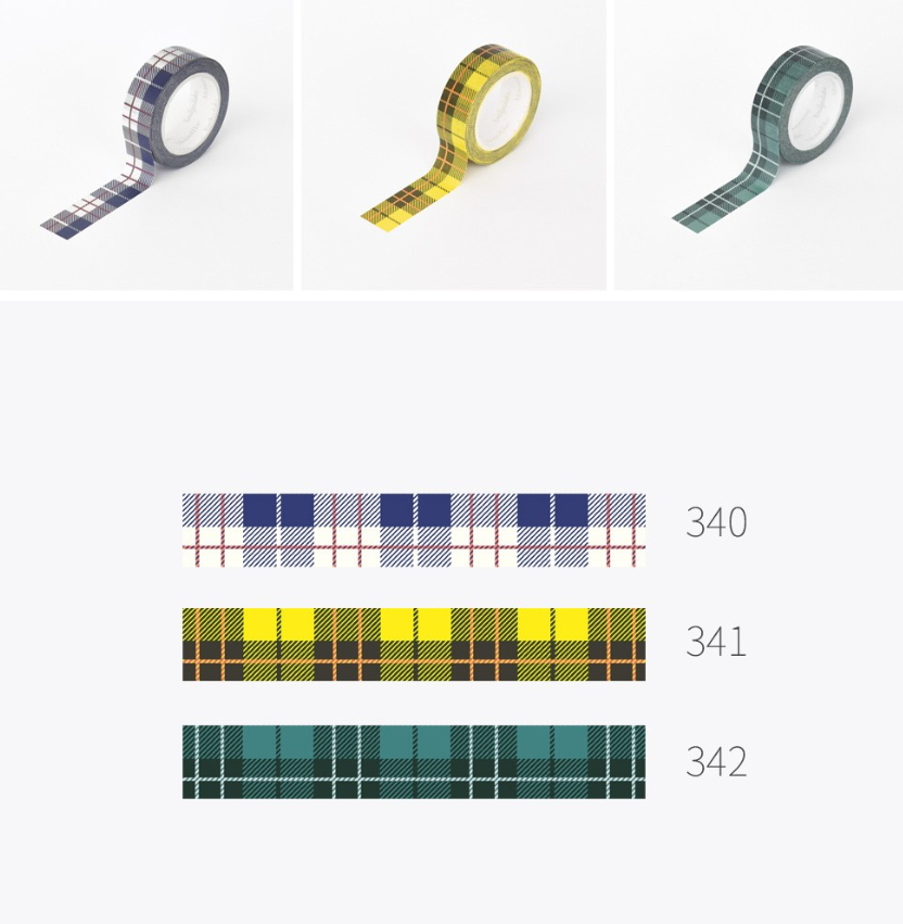Three rolls of plaid washi tape shown on a light gray background, with three additional flat swatches below labeled 340, 341, and 342. The top row shows the tape rolls in navy, yellow, and green plaid designs.