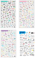 Four sheets of colorful daily planner stickers with various labels, icons, and text prompts for study, diary, and habit tracking.