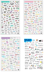 Four sheets of colorful daily planner stickers with various labels, icons, and text prompts for study, diary, and habit tracking.