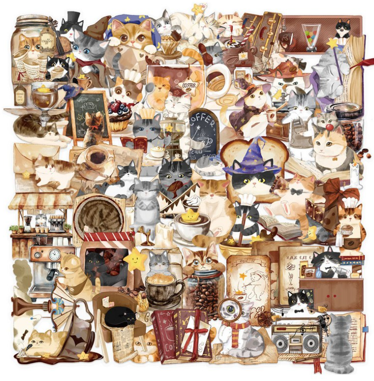 Whimsical Magic & Cute Cat Cafe Transparent Kiss Cut Stickers | 50 Pieces