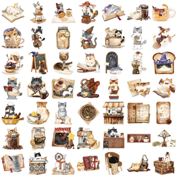Whimsical Magic & Cute Cat Cafe Transparent Kiss Cut Stickers | 50 Pieces