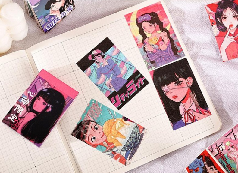 Nostalgic Animation Journal Decor Sticker Book Mini Poster 50 Sheets, Romantic Vibe