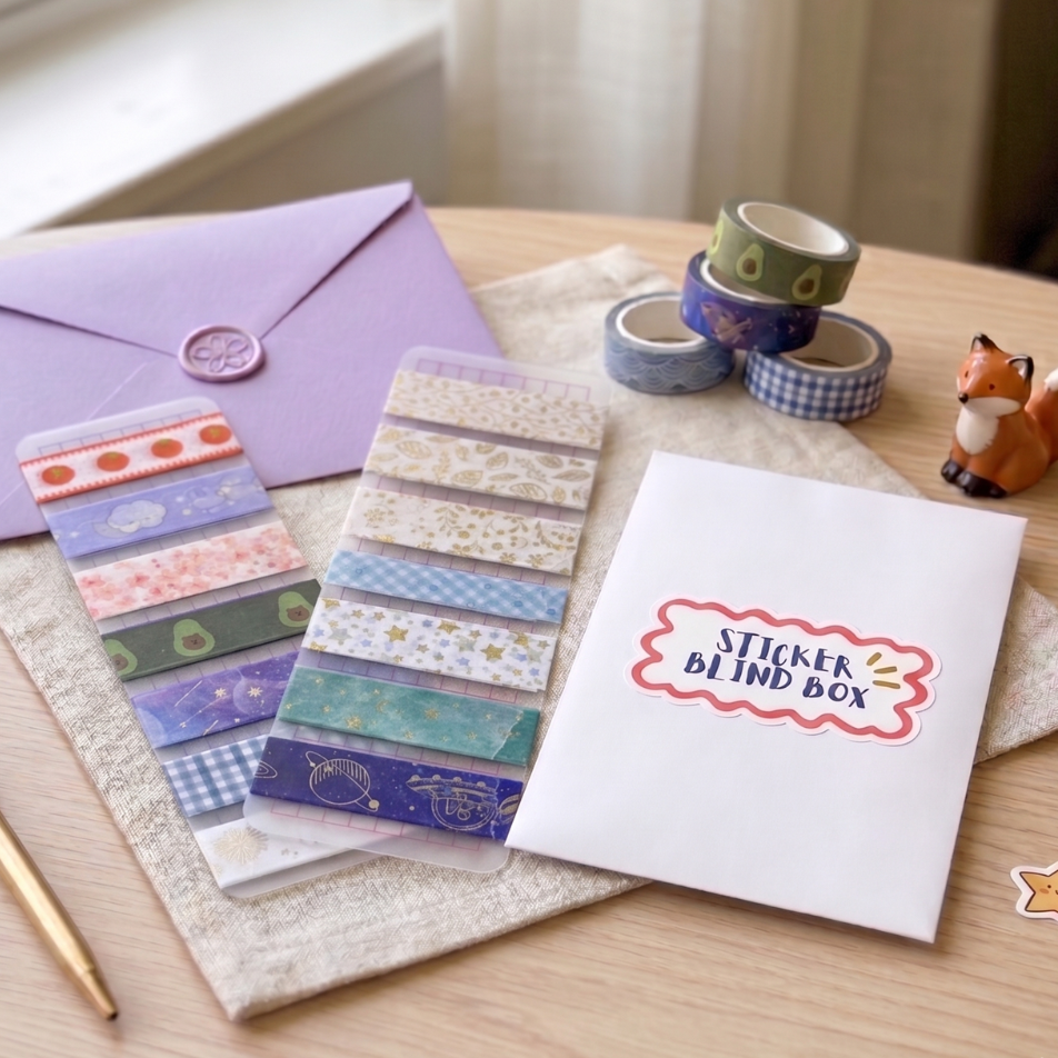 Collection of colorful washi tape rolls and a card labeled 'Sticker Blind Box' on a wooden surface.