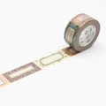 A roll of decorative washi tape with a vintage label pattern, shown partially unrolled on a clean white background.